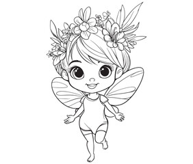 Coloring page of a cute fairy silhouette line art vector 
