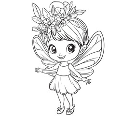 Coloring page of a cute fairy silhouette line art vector 