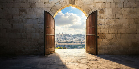 Fototapeta premium Ancient gate, arch entrance in brick wall with view of ancient city. Entrance to Jerusalem