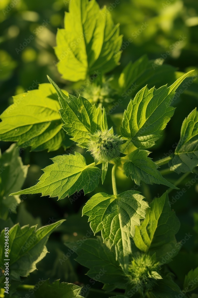 Poster close-up of epazote plant with vibrant green leaves arranged in circular pattern. fresh herbs in gar