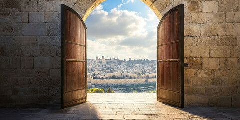 Ancient gate, arch entrance in brick wall with view of ancient city. Entrance to Jerusalem