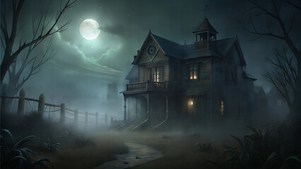 Spooky old house illuminated by full moon in a dark, foggy landscape