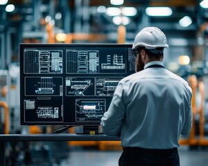 A factory worker in a white hard hat monitors a large screen in a factory setting.