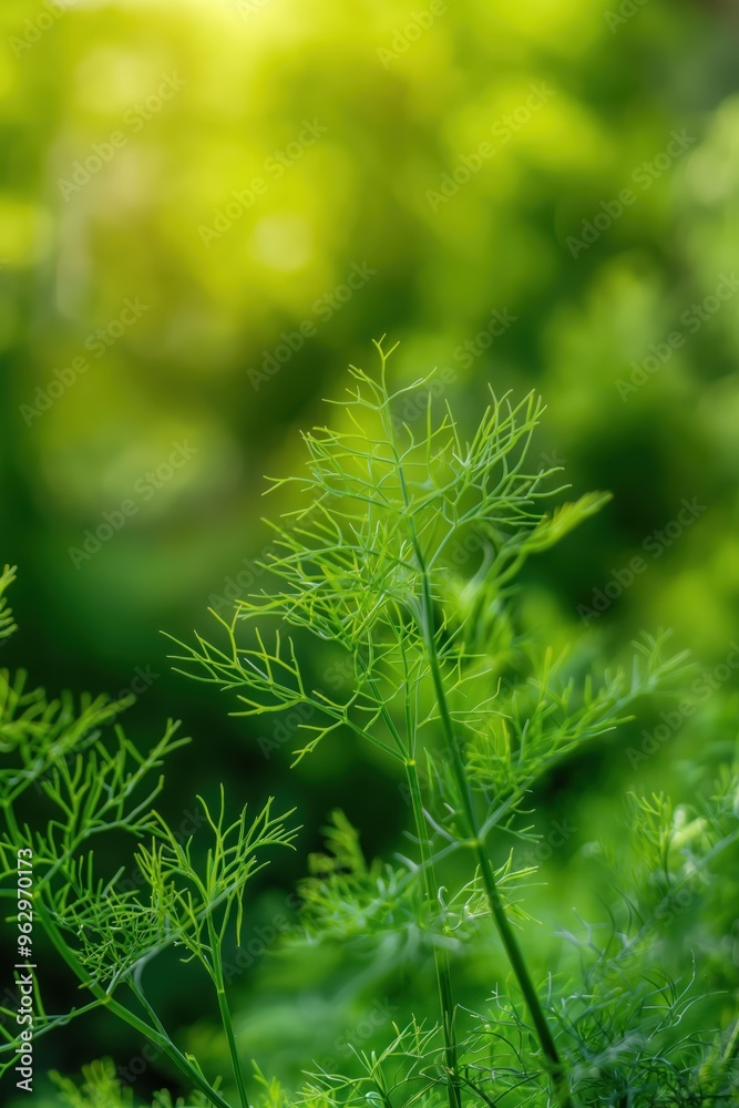 Poster fresh green fennel fronds plant close up in garden setting with blurred background. leaves appear to