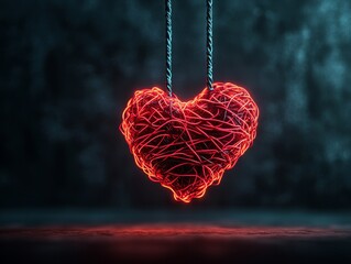 A glowing red heart made of interwoven threads hangs on chains against a dark background.