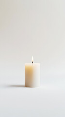 One long white candle made of wax on white background, copy space, minimalism and unity concept. Generative AI