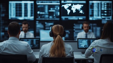 A team of IT professionals monitor a network of computer screens in a server room.