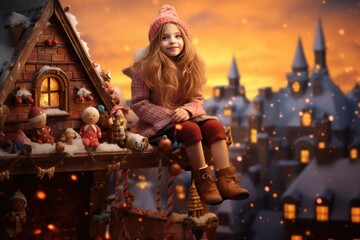 Fototapeta premium Girl in cozy pink outfit sits on rooftop at sunset surrounded by festive decorations and snow