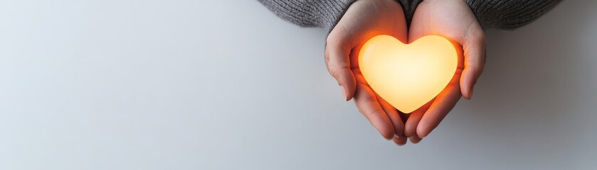 Fototapeta premium A warm heart-shaped light held gently in hands, symbolizing love, care, and compassion, perfect for emotional and romantic themes.