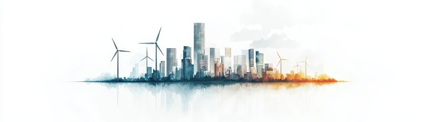 Obraz premium A watercolor painting of a city skyline with wind turbines.