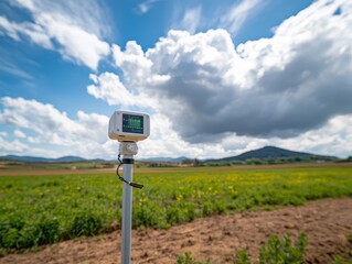 A weather sensor stands in a lush field under a dramatic sky, capturing environmental data for agricultural insights.