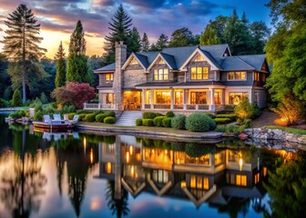 Fototapeta premium A serene lakeside retreat boasting traditional architecture, soothing water views, and tranquil ambiance, perfect for