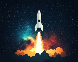 A white rocket blasts off into a starry night sky, with a vibrant nebula in the background.