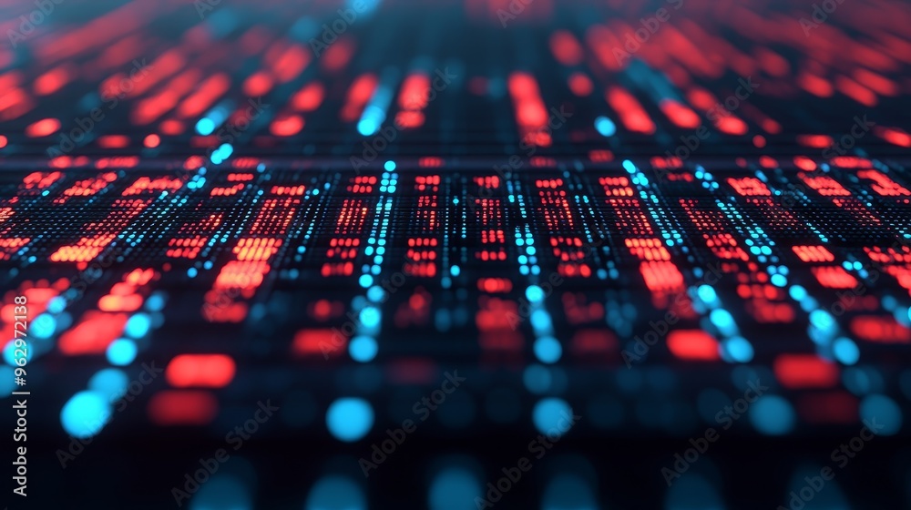 Wall mural abstract background with red and blue glowing lines forming a grid pattern. digital technology, data
