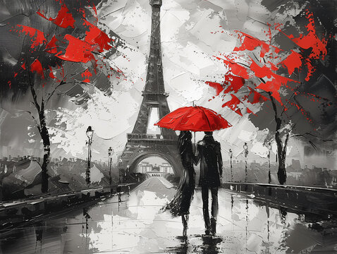 Schwarz weiss Zeichnung von Paris mit roten Akzenten, Bleistiftzeichnung eines Paares in Paris mit Eiffelturm, Romantische Illustration von Paris im Regen