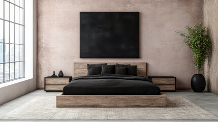 Obraz premium Minimalist modern industrial bedroom with bold decor and neutral tones. Contemporary interior design composition for Real Estate development