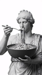 A black and white sculpture  of female Greek goddesses eating spaghetti 