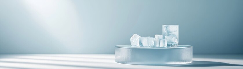 Glass bottles on a white platform with a soft blue background.