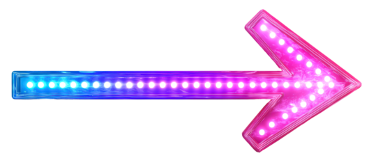 LED arrow sign with colorful lights isolate on transparent background, png, cutout