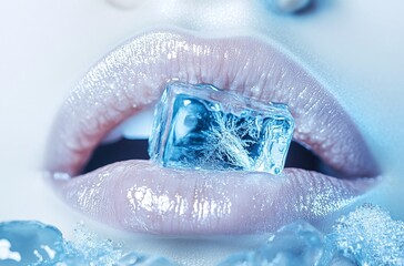 Fototapeta premium Close-up of a woman’s lips with a piece of ice held between them, showcasing vibrant colors and glossy texture in artistic lighting