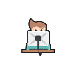 young man in front of computer in outline flat vector design.