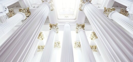 White marble columns reaching upwards towards a bright light.  Architectural detail of a grand building.