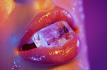 Fototapeta premium Close-up of a woman’s lips with a piece of ice held between them, showcasing vibrant colors and glossy texture in artistic lighting