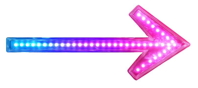 LED arrow sign with colorful lights isolate on transparent background, png, cutout