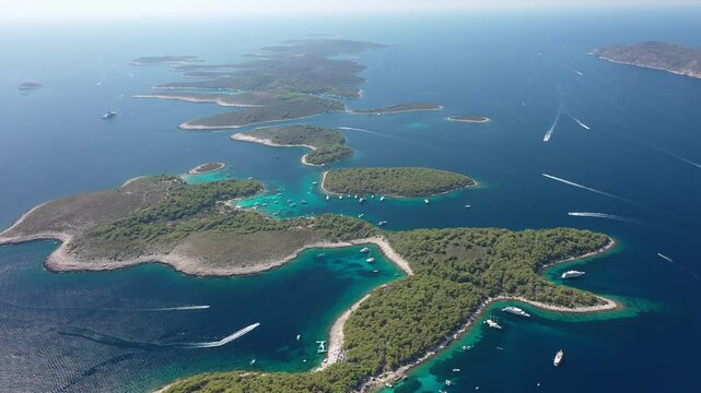 Panoramic aerial footage of Pakleni Otoci near Hvar, Croatia&rsquo;s Adriatic coast