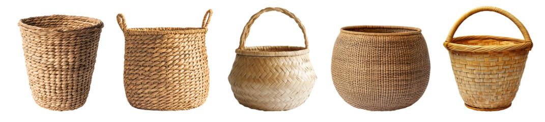 Set of rustic empty bamboo wicker rattan straw weave woven storage basket on transparent background cutout, PNG file. Front view Many assorted different design. Mockup template for artwork