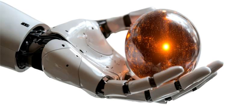 Futuristic robotic hand delicately holds a glowing orb isolate on transparent background, png, cutout