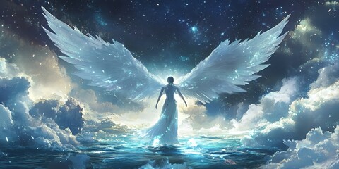 Fototapeta premium A woman with large white wings stands in a body of water with clouds in the sky.