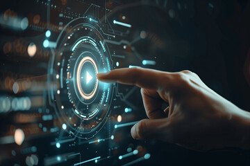 Businessman hand pressing play icon on a virtual display screen. To start or initiate business projects or plans


