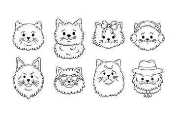 Collection of cat faces in doodle  style on white background.