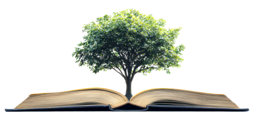 Tree growing from an open book isolate on transparent background, cutout, png, symbolizing knowledge and growth.