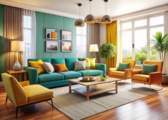 Fototapeta premium A stylish living room boasts sleek modern furniture in bold burnt orange and crisp white, paired with glass-topped