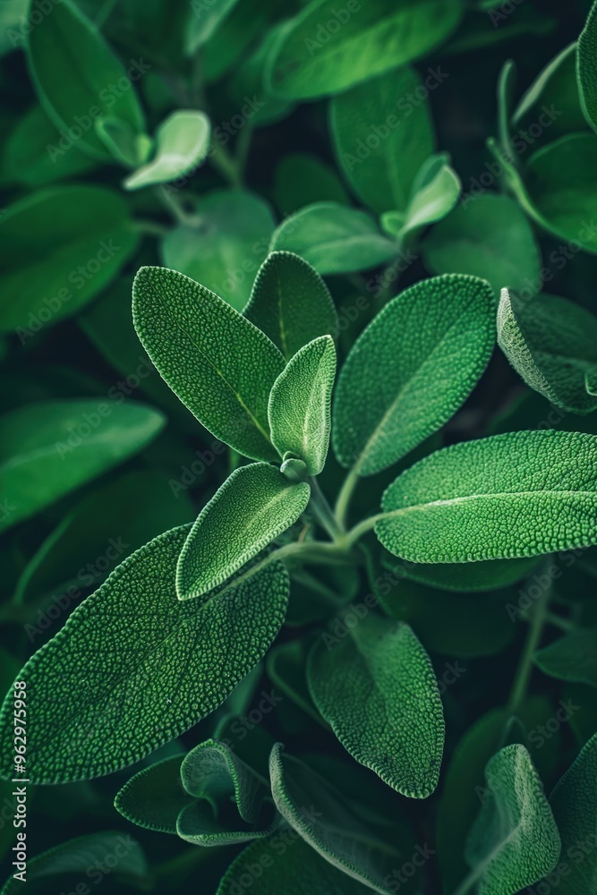 Poster sage plant close-up with vibrant green leaves in circular pattern. leaves curled for dynamic effect.