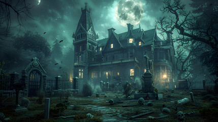 Obraz premium A chorus of haunting melodies that echo through the night luring travelers to a forgotten mansion, Haunting melodies, night music, forgotten mansion, eerie sound, ghostly chorus 