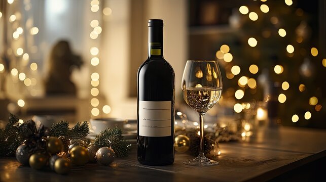 Personalized wine bottle with a custom name label, sitting elegantly in a festive scene with soft lighting and celebratory decorations.