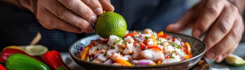 Chef's hands squeezing lime juice over a bowl of ceviche, with fish, peppers, and onions, preparation of traditional seafood dish
