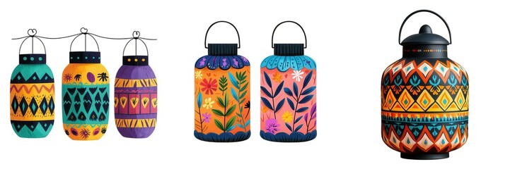 Fototapeta premium Watercolor Halloween Boho Decor, A vibrant collection of decorative lanterns showcasing colorful patterns and unique designs for enchanting ambiance. Isolate on white background set