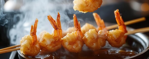 Shrimp tempura skewers being dipped into a rich, umami sauce, with steam rising from the crispy coating, hot and delicious