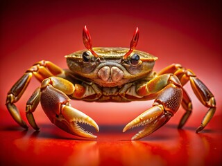 A vibrant red background serves as the perfect backdrop for the intricate details of a crab's shell, its