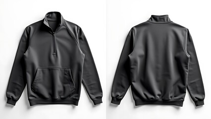 Blank black quarter zip sweater mockup, front and back view