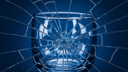 Obraz premium A shattered crystal glass with sharp edges reflecting light against a dark blue background, showcasing intricate patterns of the glass shards