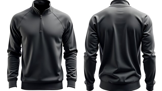 Blank black quarter zip sweater mockup, front and back view