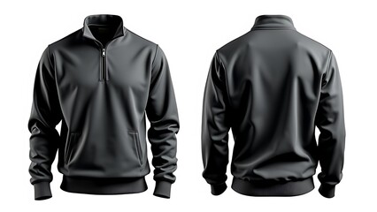 Blank black quarter zip sweater mockup, front and back view