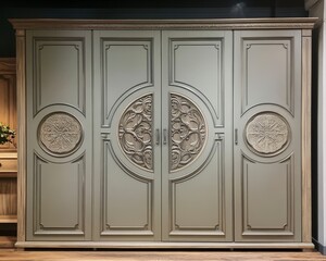 Grey wooden wardrobe with intricate carvings.