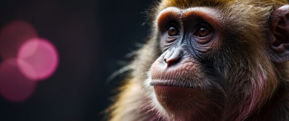 A beautiful close up photo portrait of a monkey against blurry black and pink background. Studio animal photography illustration header concept.	