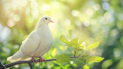 White dove perched on a branch with green leaves in a sunlit garden.